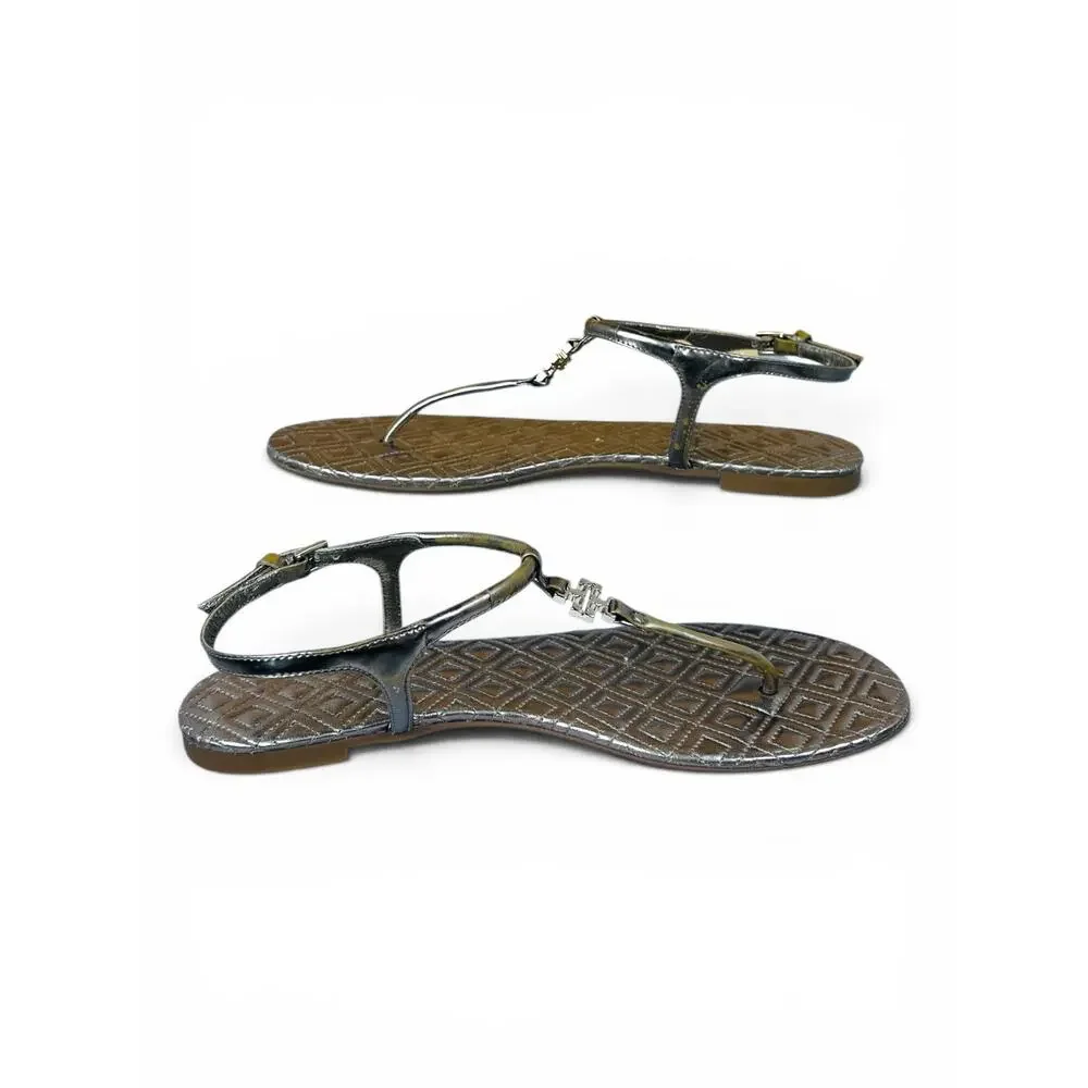 Tory Burch Marion Gold Metallic Quilted Leather Thong Sandals Logo Charm 9